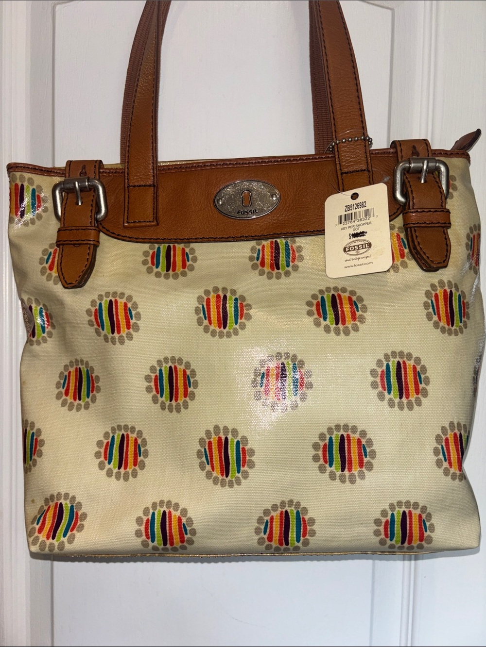 Fossil Cream Tote with Multicolor Dot Pattern and Tan Leather Trim